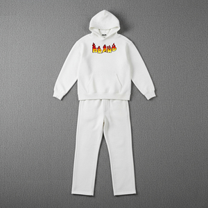 Ensemble sweat-shirt à capuche brodé pour homme blanc avec logo flamme imprimé, vêtements décontractés d'hiver, tissu en molleton 100% coton - Product Image 1