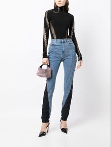 High Waist Skinny Denim <b>Trousers</b> <b>With</b> Black Panelled Design Full Length Five-<b>pocket</b> Streetwear Style Women's Pants - Product Image 1