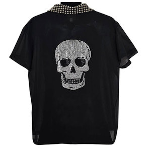 Custom <b>Men's</b> Black Gothic Button Down Shirt with Silver <b>Studded</b> Collar Skull Back Design Short Sleeve Street wear - Product Image 4