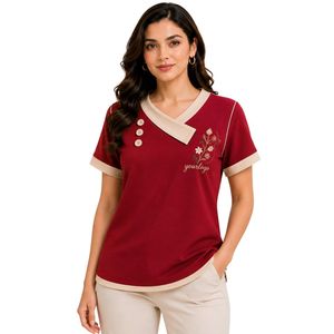 Camiseta de Manga Corta con Cuello en V para Mujer, Color Rojo Beige, Bordado Floral, Ribete en Contraste, Logotipo Personalizado, Detalle de Botones, Ropa Casual al por Mayor - Product Image 1