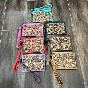 Wholesale Genuine Tooled Leather Floral Design Zipper Wristlet Wallet Stylish Coin & <b>Credit</b> <b>Card</b> <b>Holder</b> Everyday Multi Use - Product Image 4