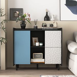 Credenza Nera con Ante Rosse, Design Unico del Pannello, 2 Scomparti Aperti e 2 Cassetti, Mobile da Cucina - Product Image 1