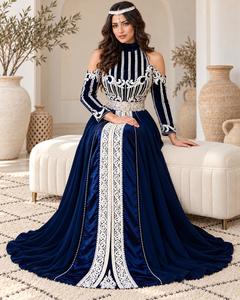 <span class=keywords><strong>Caftan</strong></span> marocain élégant bleu marine avec broderie <span class=keywords><strong>argentée</strong></span>, manches épaules dénudées et <span class=keywords><strong>ceinture</strong></span> ornée pour occasions festives - Product Image 6