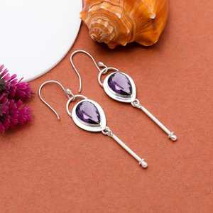 Nikhil Gems NG-033 Trendy Third Party Certified Pear Amethyst <b>Dangle</b> <b>Earrings</b> Handmade Sterling <b>Silver</b> 925 Gemstone Jewelry - Product Image 1
