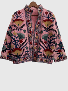 Veste en laine florale brodée à la main avec col montant, manches longues, coupe ample, grande taille, vêtements d'hiver pour femmes adultes - Product Image 1