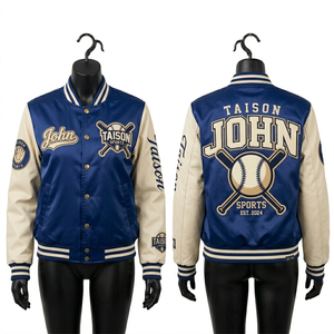 เสื้อแจ็คเก็ตบอมเบอร์ผู้หญิง ผ้าซาตินคุณภาพสูง สีเขียวและสีเทาตัดกันที่แขนเสื้อ ปักลายเชนิลล์ ปักโลโก้ เสื้อแจ็คเก็ตผู้หญิง - Product Image 5