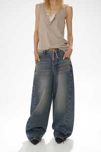 Jean pour femme taille mi-haute, coupe large, en denim délavé, écologique, imperméable, couleur unie, en coton, coupe droite, longueur intégrale - Product Image 2