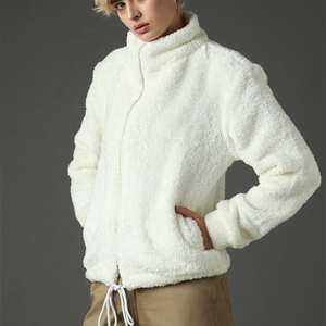 Veste polaire pour femme, col montant, manches longues, fermeture éclair, épaisse, chaude, hiver, couleur unie, longueur courte, polyester, fausse fourrure sherpa - Product Image 3