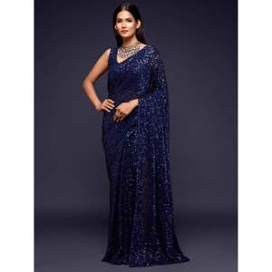 Saree à sequins en georgette bleu fard à joues - Product Image 1