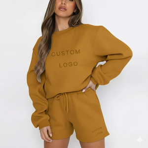 Conjunto de Sudadera y Pantalones Cortos Largos de 2 Piezas para Mujer, con Logotipo Personalizado, 100% Algodón, Cuello Redondo, Manga Larga, Ecológico, Ropa Casual de Invierno - Product Image 5