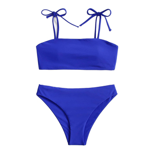 Women's Royal Blue Solid Bandeau Bikini Set 2 Piece Drawstring <b>Top</b> Hipster Bottom Swimwear Regular Fit Knitted - Product Image 1