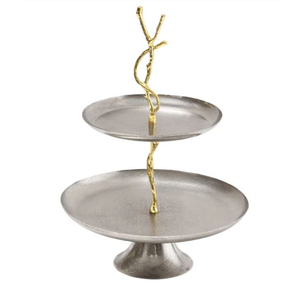 Support à gâteau décoratif à 2 niveaux en métal, élégant, rond, en acier inoxydable et en laiton, avec accent feuille d'or, pour la maison et l'hôtel - Product Image 4
