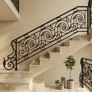 Barandilla de Escalera de Hierro Forjado Negro con Adornos Decorativos Dorados para Hogar, Villa, Balcón y Seguridad Interior - Product Image 4