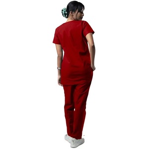 Women's Red <b>Scrub</b> Set V-Neck Short Sleeve With Pockets Hospital Uniform Woven Cotton Polyester Blend - Product Image 2
