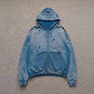 Sudadera con capucha extragrande personalizada de peso pesado con diseño de estrellas de diamantes de imitación, efecto desgastado vintage, con cremallera, proveedor de ropa OEM de marca privada - Product Image 2