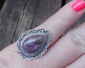 Anillo de Charoite Natural de Plata de Ley 925, joyería de plata hecha a mano Bohemia, regalo de fiesta de cumpleaños para ella - Product Image 3