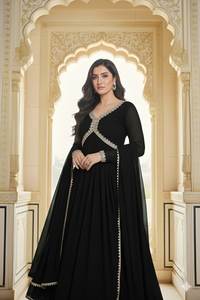 Ensemble Kurti Anarkali en georgette noire avec dupatta pour femme, deux pièces, manches longues, col en V, longueur mollet, tailleur prêt-à-porter - Product Image 6