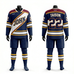 ชุดยูนิฟอร์มฮอกกี้น้ำแข็งผ้าโพลีเอสเตอร์ตาข่ายพรีเมียม 260 GSM สีน้ำเงินกรมท่า ขาว ทอง ลายเส้นเฉียง พร้อมโลโก้แบบซับลิเมชั่นสั่งทำพิเศษ - Product Image 1