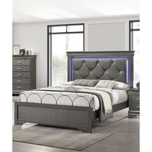 Letto Matrimoniale Queen Size in Ecopelle Grigio Scuro con Texture Unica, Luce LED, Struttura in Legno Massello, Arredamento Camera da Letto, 1 Pezzo Imbottito - Product Image 1