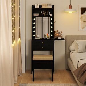 "Wooden Lighted <b>Makeup</b> Vanity Set with 3 Color LED <b>Mirrors</b> Charging Station Foldable Table Cushioned Stool" - Product Image 3