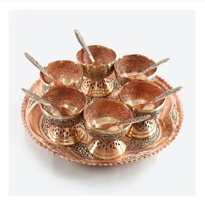 <b>Copper</b> Tea Set With 6 Cups And Spoons On Tray Handcrafted Metal <b>Utensil</b> Set For Serving Decorative Use - Product Image 1