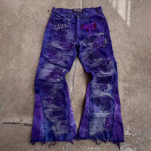 Jeans de Mezclilla para Hombre 2026 de Alta Calidad, Personalizados, Lavado Rojo, Rotos, Desgastados, Corte Acampanado, Estilo Urbano, Hiphop, Y2K, OEM, ODM, Algodón - Product Image 2