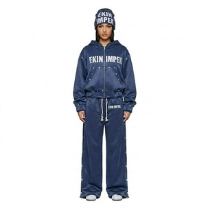 EKIN IMPEX Conjunto Premium Vintage Lavado Azul Marino de 3 Piezas con Tachuelas: Sudadera con Capucha Corta de Corte Holgado con Cremallera Completa y Pantalones Deportivos de Pierna Ancha con Botones a Presión y Detalles Desgarrables - Product Image 1