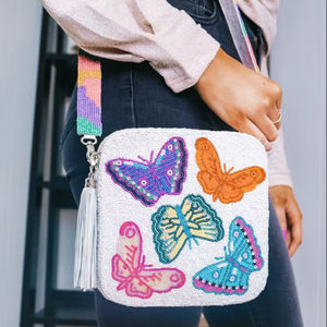 Sac bandoulière carré en toile de haute qualité avec perles, motif étoile, pour femme, avec fermeture éclair, idéal pour les soirées - Product Image 1