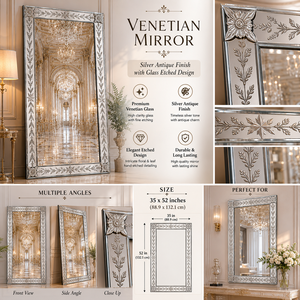 Venetian Square <b>Rectangle</b> <b>Wall</b> <b>Mirror</b> Etched Floral Beveled Frame Antique Silver Full Length Decorative Luxury Handmade Home Dec - Product Image 4