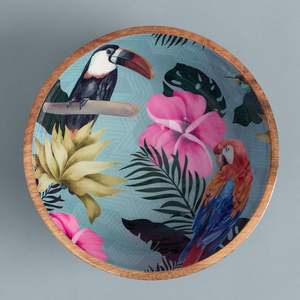 Bol de service en bois de manguier imprimé, fait main, rond, finition de qualité alimentaire pour nouilles, soupes, currys, snacks, finition tourmaline - Product Image 3