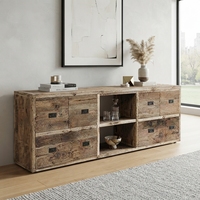 Buffet rustique en bois massif avec 4 tiroirs et étagère ouverte, style teck naturel, meuble TV en bois, console pour salon