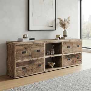 Rustic Solid Wood Sideboard Cabinet 4 Drawer Open Shelf Credenza Natural Teak Style Wooden TV Stand <b>Console</b> LivingRoom Furniture - Product Image 5