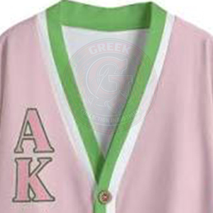 Cardigan en tricot acrylique pour femme, rose, vert et blanc, avec logo AKA et lettres grecques, col en V, manches longues - Product Image 5