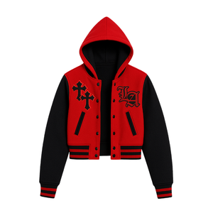 เสื้อแจ็คเก็ตฮู้ดดี้ทรงครอปสีแดงและดำสำหรับผู้หญิง ติดกระดุมแป๊กด้านหน้า ปักลายแบบกำหนดเอง สไตล์สตรีทแวร์ - Product Image 2