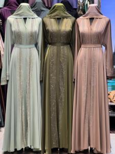 Elegant V Neck Long Sleeve Floor Length Abaya <b>Sequined</b> Detail Modest Women's Traditional Muslim Daily Wear Polyester Handmade - Product Image 2