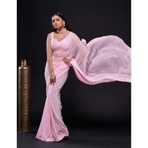 Sari de Fiesta para Mujer de Diseñador con Ribete de Lentejuelas y Adornos - Product Image 4