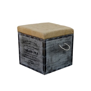 Pouf de rangement vintage en bois industriel, cube 40x40cm, imprimé rustique Parisien, coussin en toile de jute rembourré, repose-pieds, banc, rivets métalliques - Product Image 6