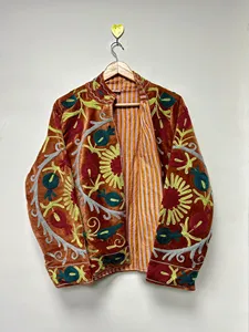 Chaqueta Bohemia de Terciopelo Marrón con Bordado Floral Suzani, Cuello Mandarín, Manga Larga, Ropa Exterior de Otoño para Mujer - Product Image 2