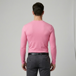 T-shirt de sport moulant rose à manches longues pour homme, col rond, tricoté, avec logo avant, respirant, en polyester, couleur unie - Product Image 2