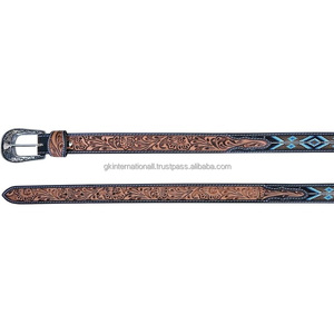Cinturón de cuero con cuentas de estilo western, nuevo y superventas, para hombre y mujer, con diseño floral vintage y hebilla de latón plateado grabada. - Product Image 6