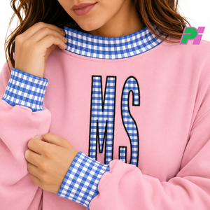 เสื้อสเวตเชิ้ตคอเต่า MS State พร้อมลายตัวอักษร Gingham และขอบยางยืด ปักลายมิสซิสซิปปี้แบบกำหนดเอง - Product Image 6