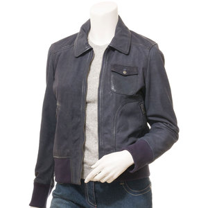 <b>Women's</b> <b>Suede</b> Leather Bomber <b>Jacket</b> With Zipper Closure Turn-down Collar Full Sleeve Winter Solid Color - Product Image 1
