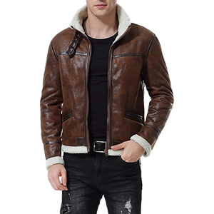 Blouson d'hiver réversible pour homme en cuir marron et doublure en viscose, fermeture éclair, col et poignets en tricot côtelé. - Product Image 4