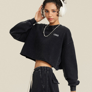 Sudadera Corta para Mujer, Estilo Desgastado, Color Marrón, Lavado Ácido, Oversize, de Algodón Grueso, Estilo Urbano, a la Moda - Product Image 2