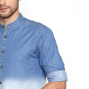 Camisa de Mezclilla para Hombre, Cuello Mao, Manga Tres Cuartos, Teñido Degradado, Color Sólido, Cierre de Botones, Corte Ajustado, Estilo Casual para Verano - Product Image 4