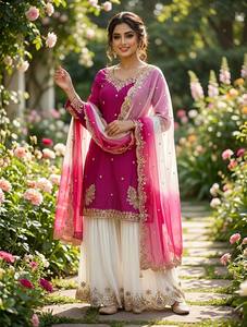 Conjunto Tradicional Indio-Pakistaní de Salwar Kameez para Mujer, Kurta de Crepé con Bordado Intenso, Palazzo y Dupatta, para Graduación, Bodas y Fiestas - Product Image 2