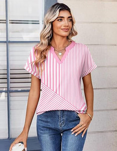 Camiseta de Manga Corta con Cuello en V para Mujer, a Rayas, Holgada, Informal, de Verano, con Patrón Rosa y Blanco, Transpirable, de Algodón Tejido - Product Image 3