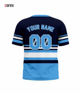 Camiseta Corex de Manga Corta para Hombre, Azul Marino con Rayas Azul Claro, con Estampado del Nombre del Equipo, Cuello Redondo, Corte Regular, Estilo Deportivo - Product Image 2