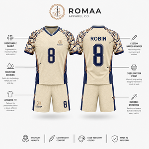ชุดยูนิฟอร์มฟุตบอลสั่งทำสีไอวอรี่ครีม น้ำเงินกรมท่า น้ำตาล คอวี เสื้อเจอร์ซีย์ กางเกงขาสั้น ลายกราฟิก แขนเสื้อแบบพิเศษ ชุดทีม ผลิตโดยโรงงาน OEM คุณภาพพรีเมียม - Product Image 4