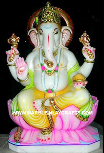 Exclusiva y Hermosa Estatua de Shri Ganesh Ji en Mármol Blanco, Colorida, en Posición Sentada con Mano de Bendición, para Templo, Venta al por Mayor - Product Image 3